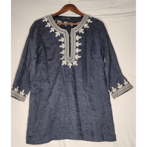 Chelsea & Theodore Women’s‎ Linen Embroidered Navy Blue Ivory Tunic Blouse - Picture 1 of 8